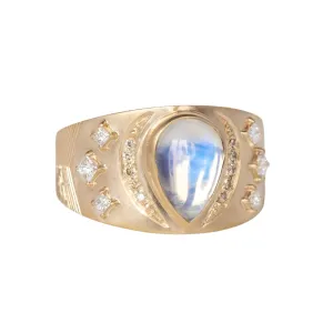 Wide Tapered Shield Ring with Center Pear-Shaped Moonstone & Diamond Details