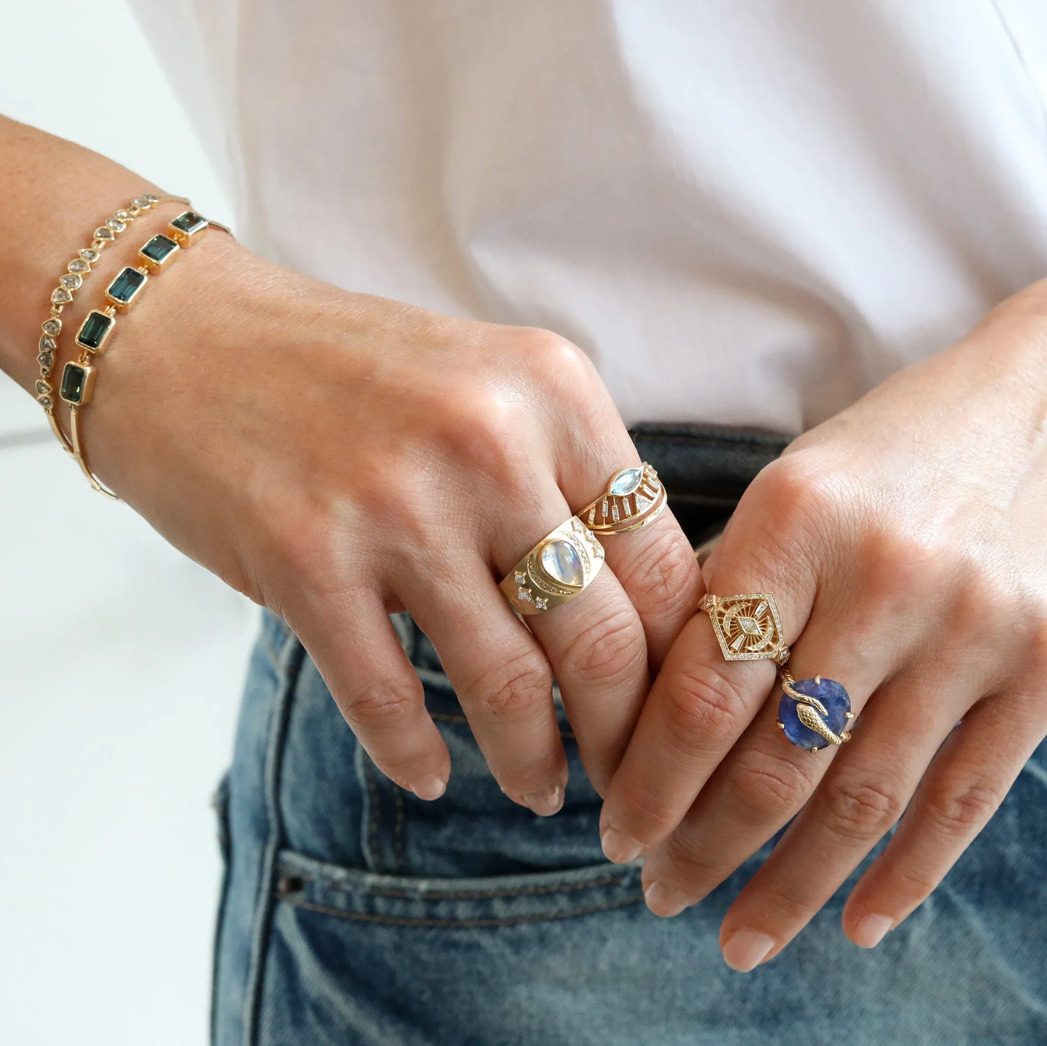 Wide Tapered Shield Ring with Center Pear-Shaped Moonstone & Diamond Details