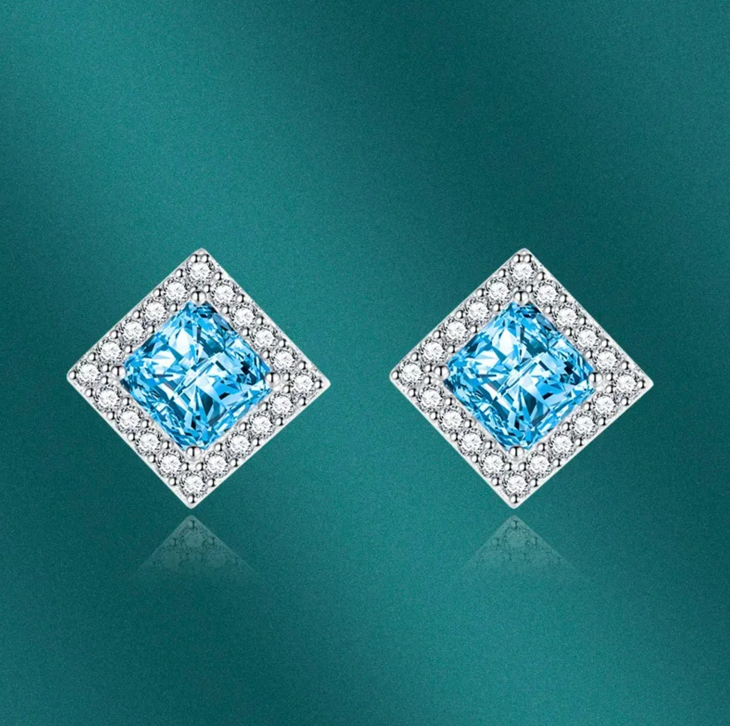 Womens Ear Studs | Square Shape Earrings | Blue Diamond Ear Studs | Blue Diamond Earrings | Blue Gemstone Earrings | Womens Stud Earring